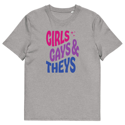 T-shirt en coton biologique imprimé : Girls Gays & Theys (Bi)