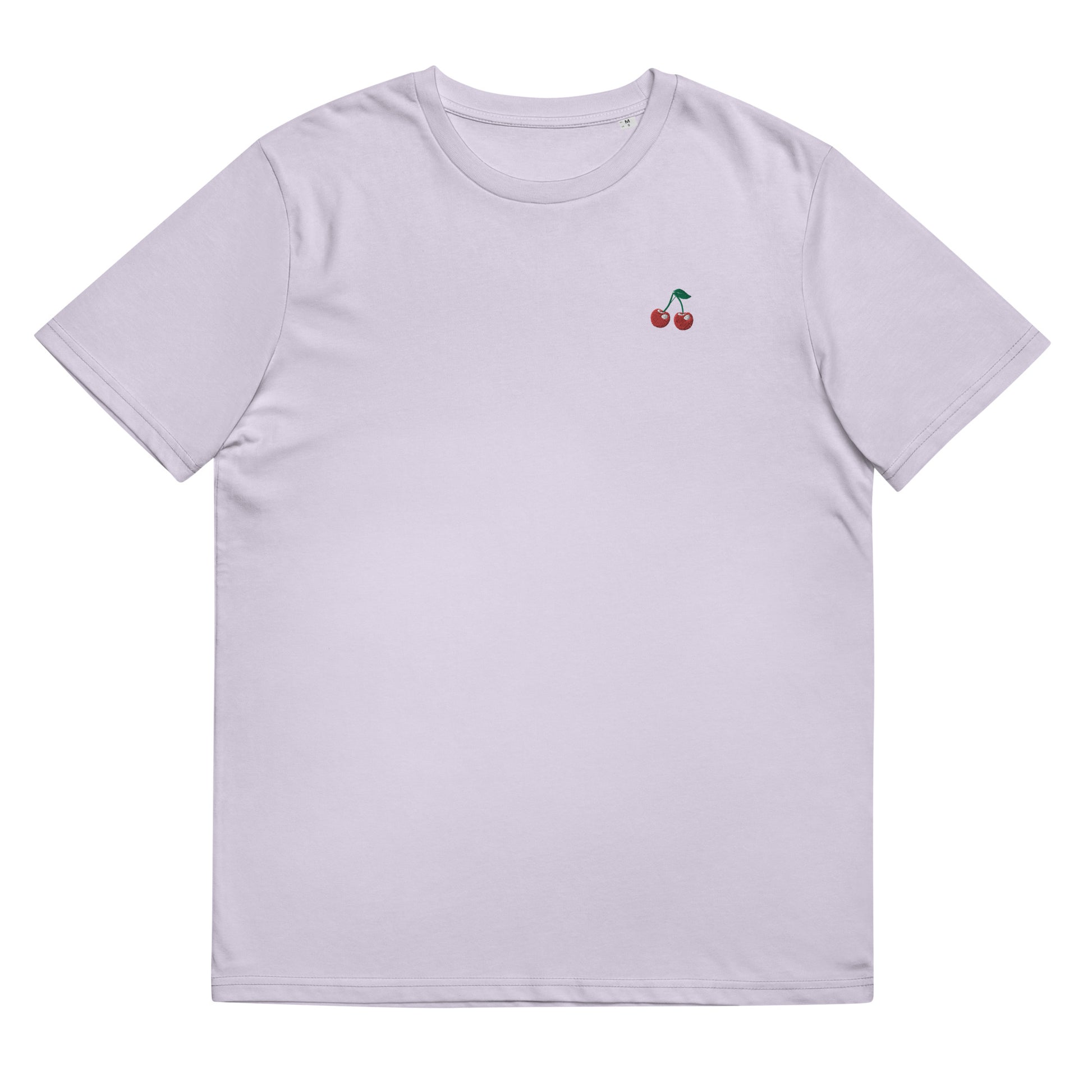 Fitted lavender organic cotton t-shirt with small embroidered red cherries on the left chest. Available in sizes S to 3XL.