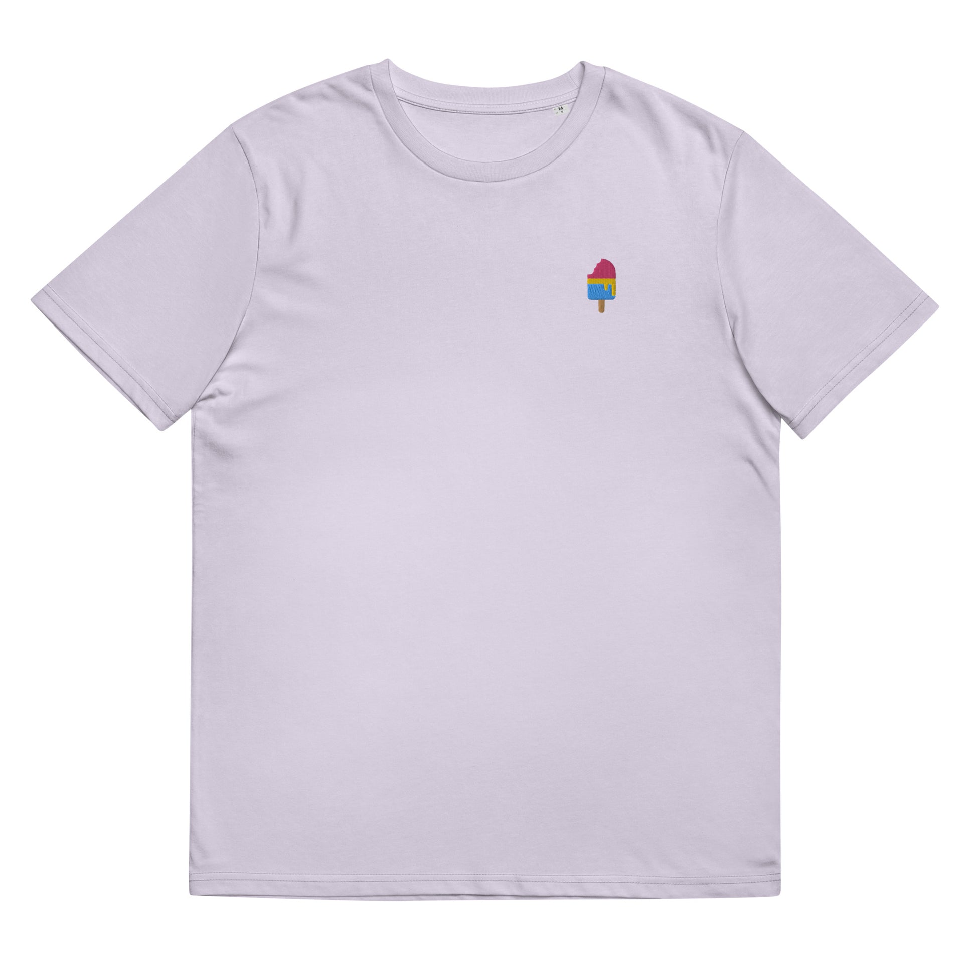 Fitted lavender organic cotton t-shirt with a small embroidered ice cream in pansexual colors on the left chest. Available in sizes S to 3XL.