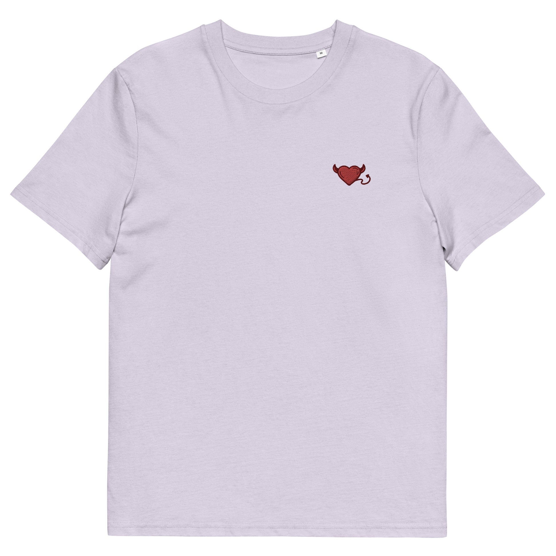 Fitted lavender t-shirt with a red devil's heart embroidered on the left chest. 