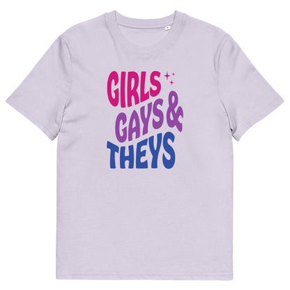 T-shirt en coton biologique imprimé : Girls Gays & Theys (Bi)