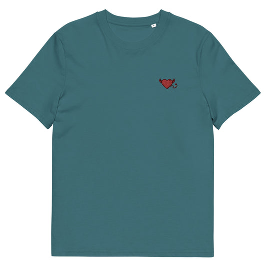 Fitted stargaze blue t-shirt with a red devil's heart embroidered on the left chest. 