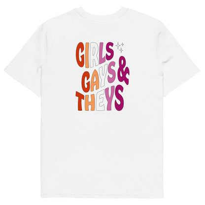 Organic Cotton T-shirt: Girls Gays & Theys (Lesbian Colors)