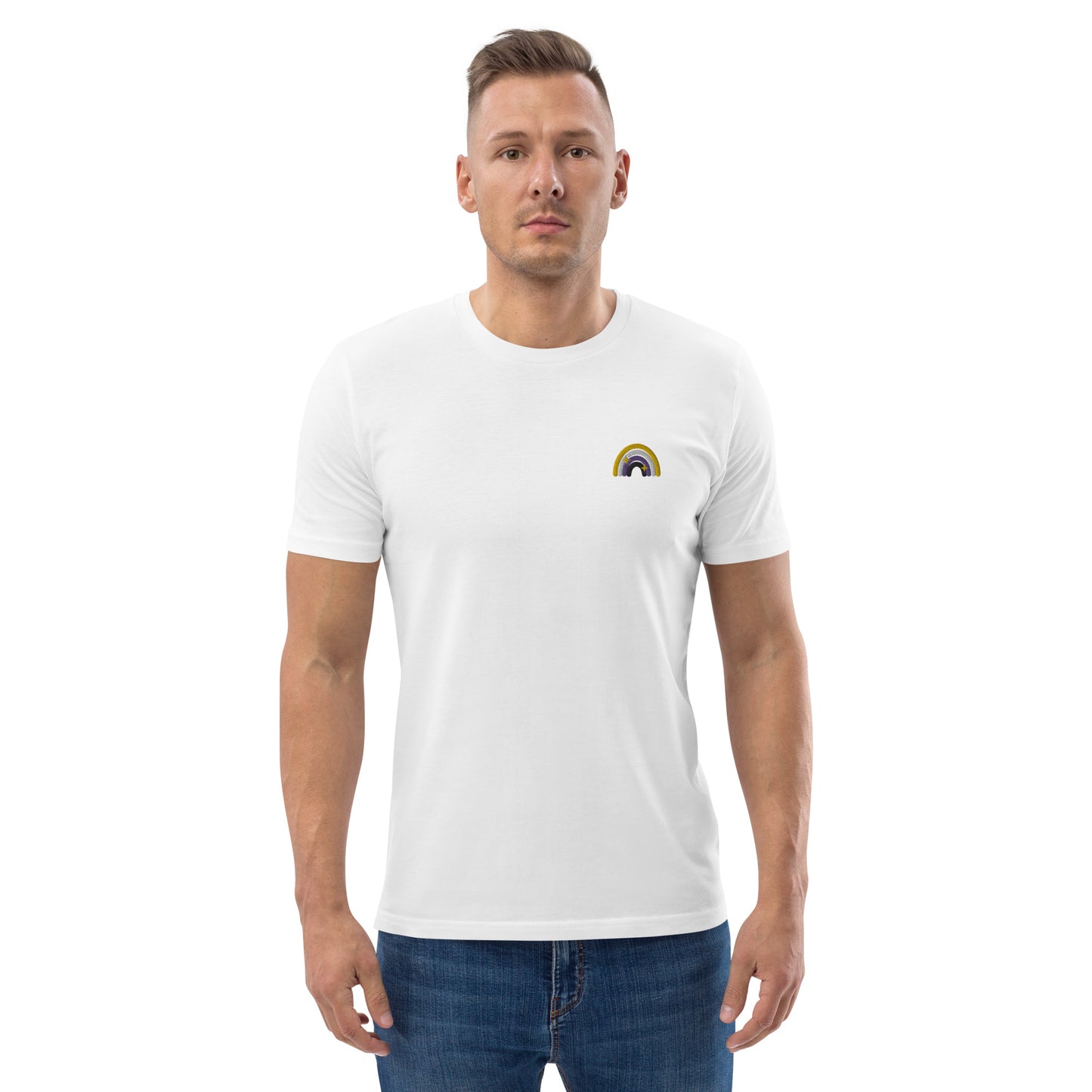 T-shirt en coton biologique : broderie arc-en-ciel non binaire