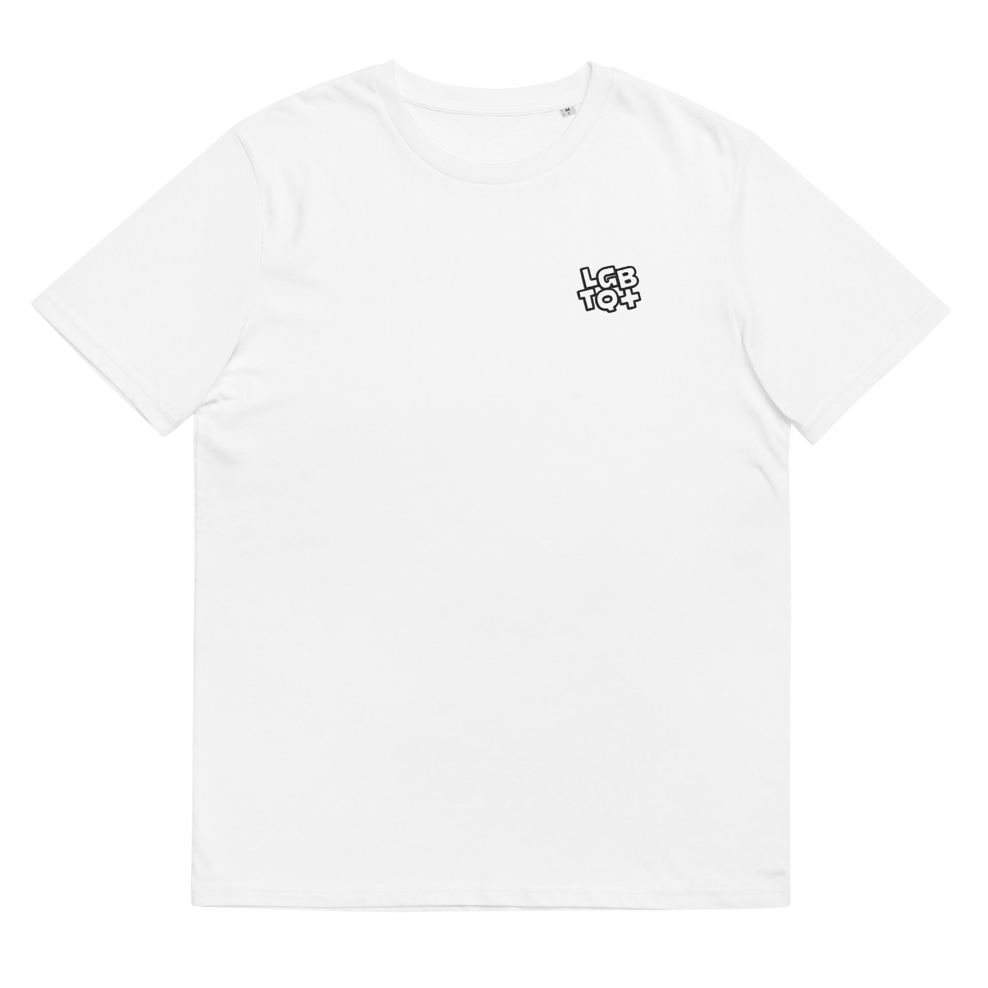 Fitted white organic cotton t-shirt with a small embroidered LGBTQ+ design on the left chest. Available in sizes S to 3XL.