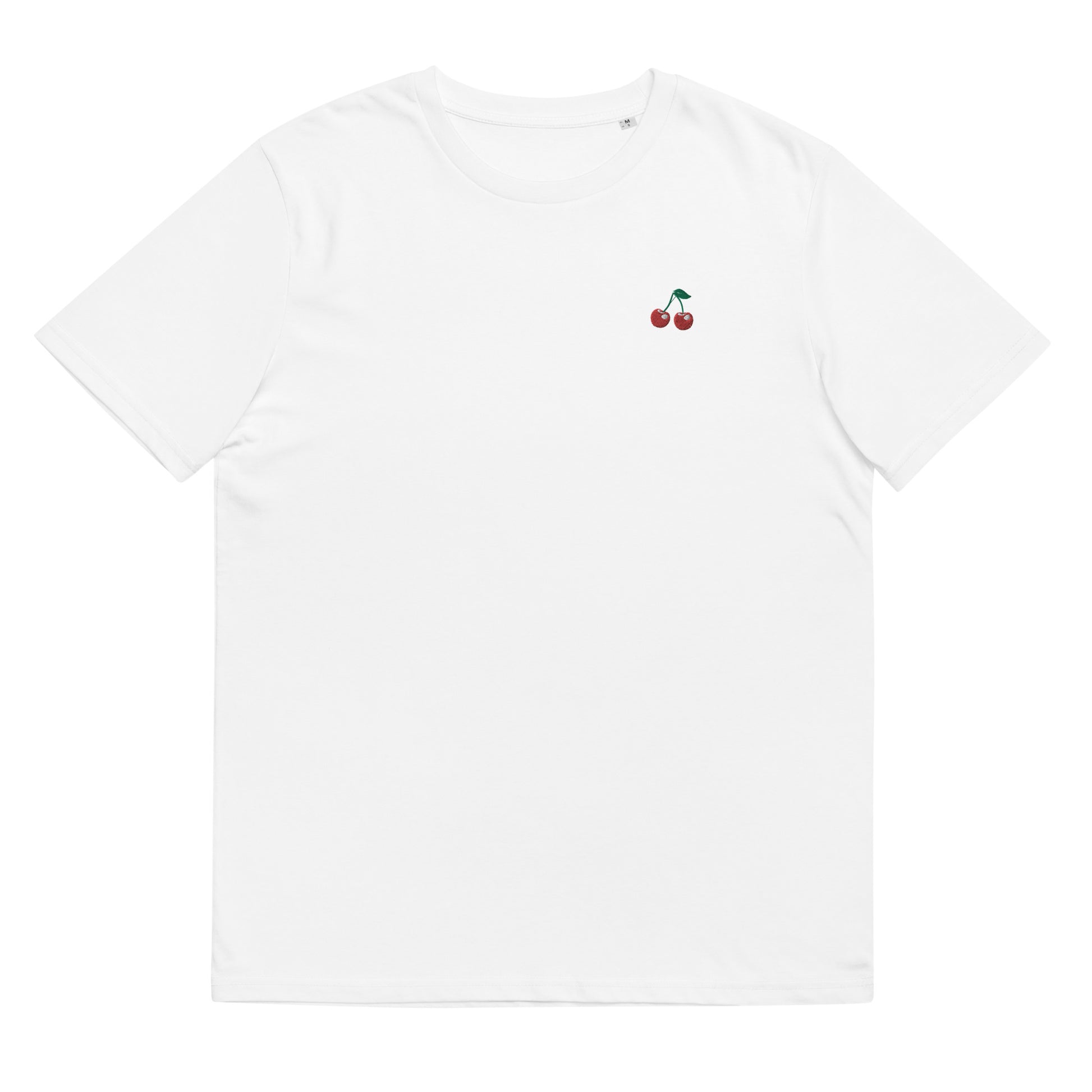 Fitted white organic cotton t-shirt with small embroidered red cherries on the left chest. Available in sizes S to 3XL.