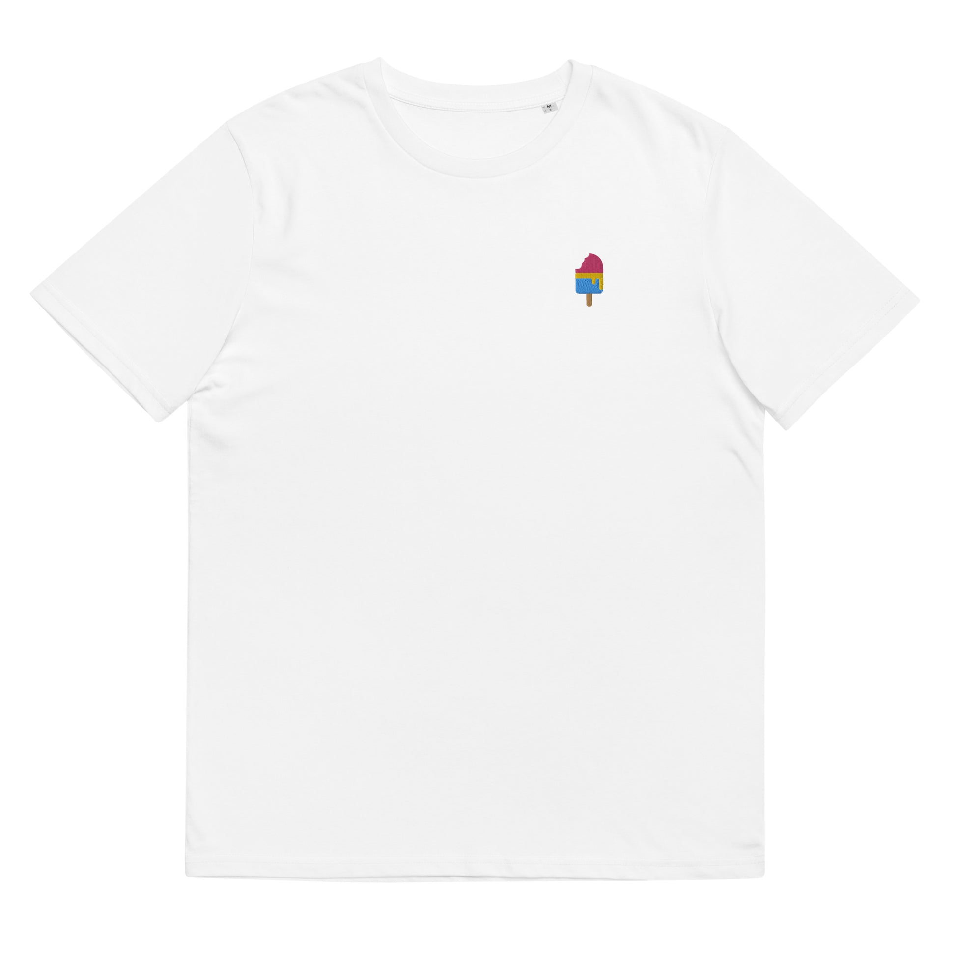Fitted white organic cotton t-shirt with a small embroidered ice cream in pansexual colors on the left chest. Available in sizes S to 3XL.