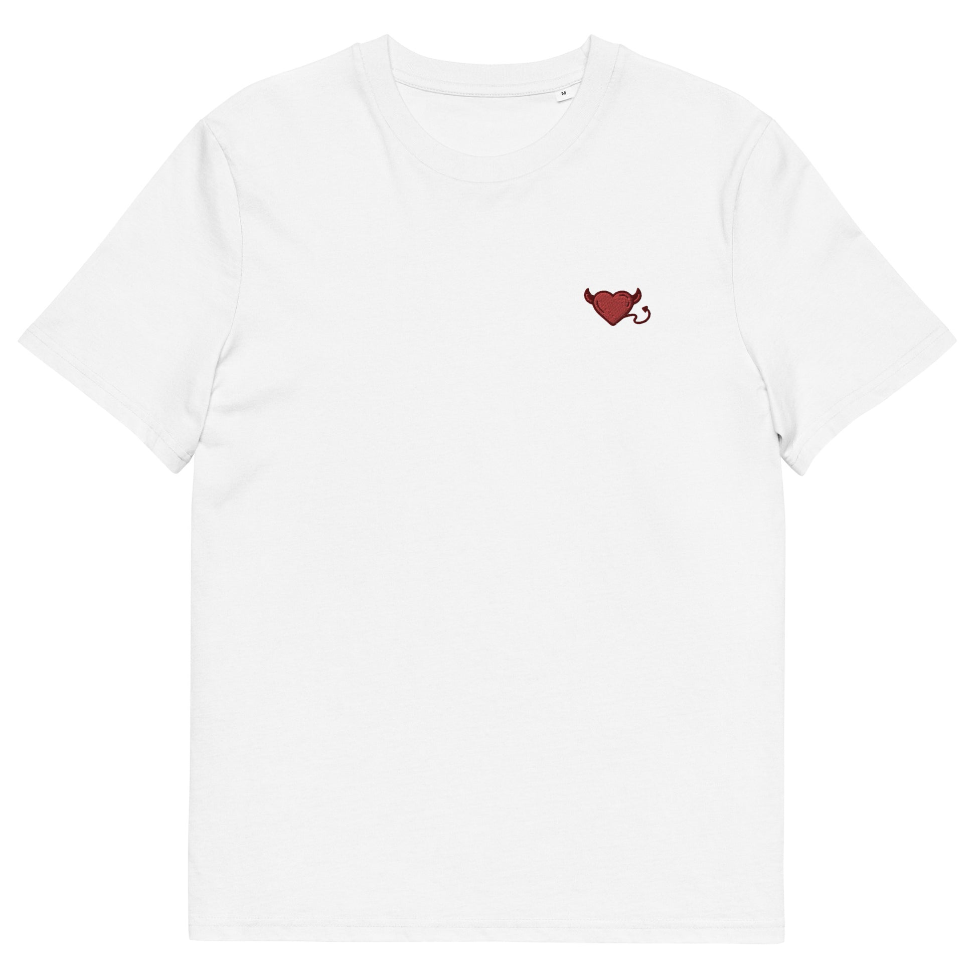 Fitted white t-shirt with a red devil's heart embroidered on the left chest. 