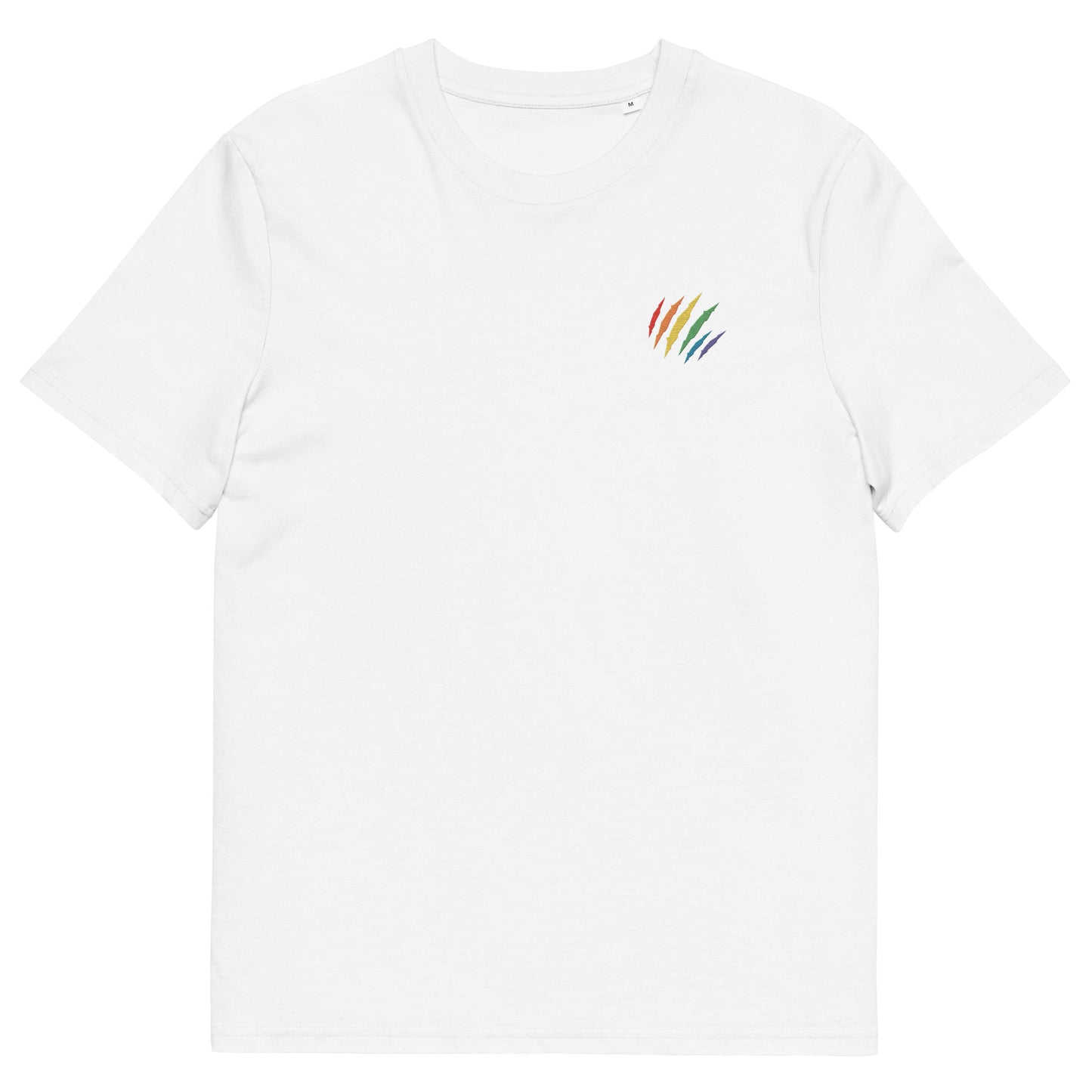 Fitted white organic cotton t-shirt with an embroidered scratch in the rainbow colors on the left chest. Available in sizes S to 3XL.