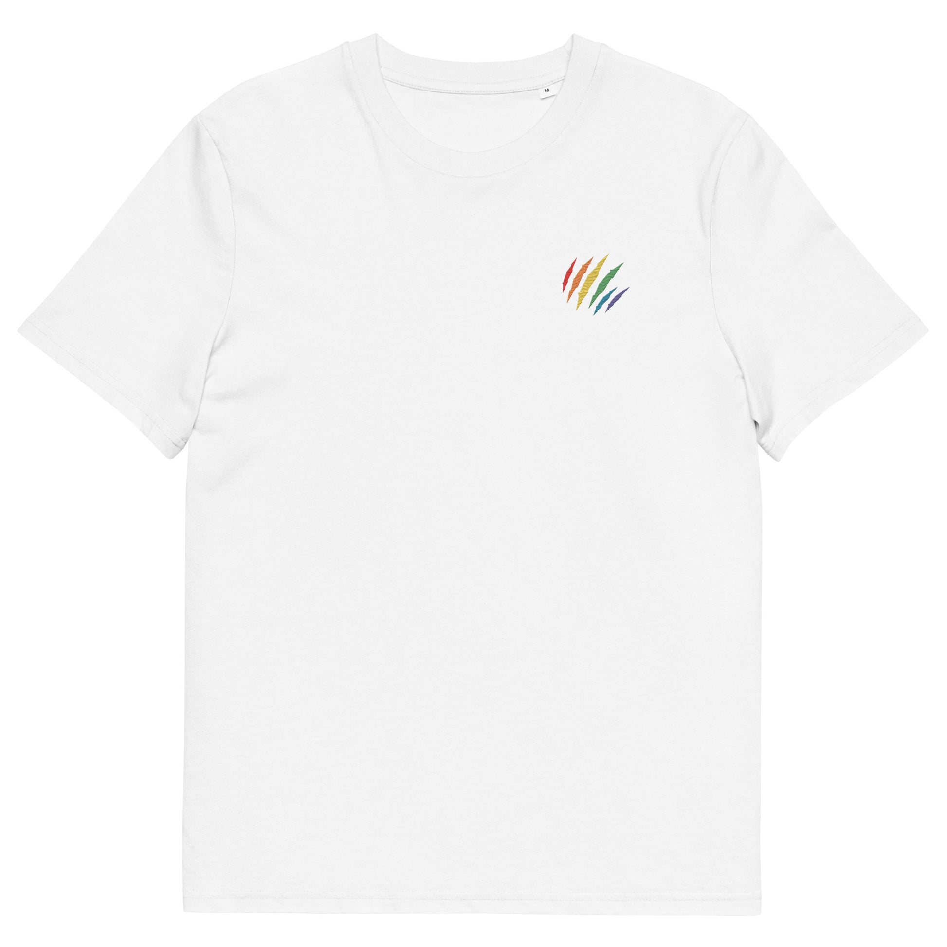 Fitted white organic cotton t-shirt with an embroidered scratch in the rainbow colors on the left chest. Available in sizes S to 3XL.