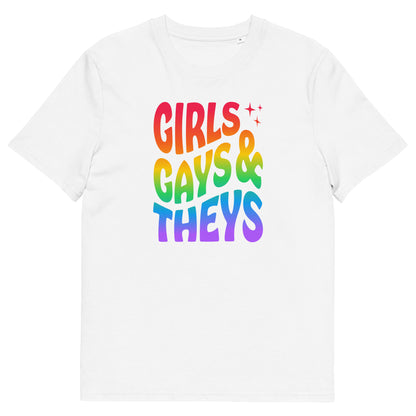 T-shirt en coton biologique imprimé : Girls Gays & Theys Rainbow