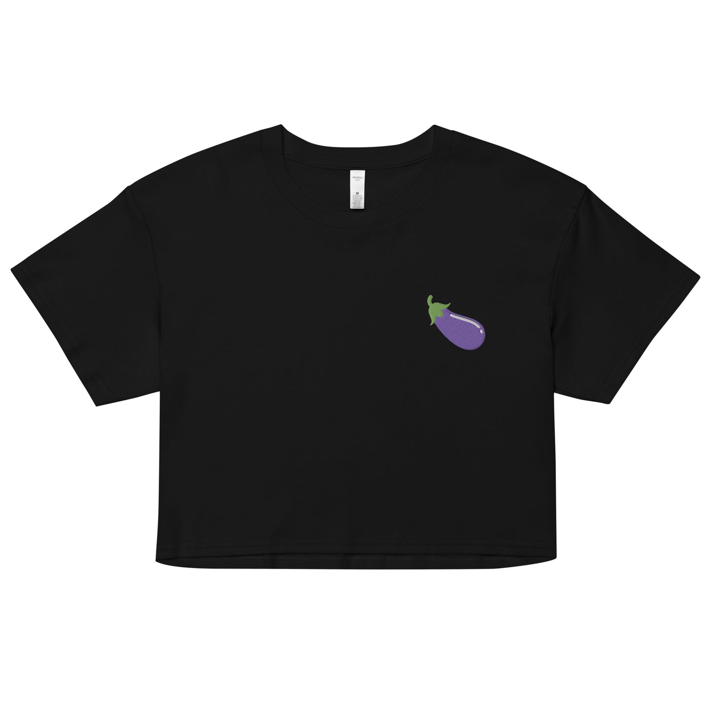 A relaxed black crop top features a modest crop and subtle eggplant embroidered design, adding a touch of mischief to your look—a playful celebration of gay culture! Made from 100% combed cotton. Available in Extra Small, Small, Medium, Large, Extra Large.