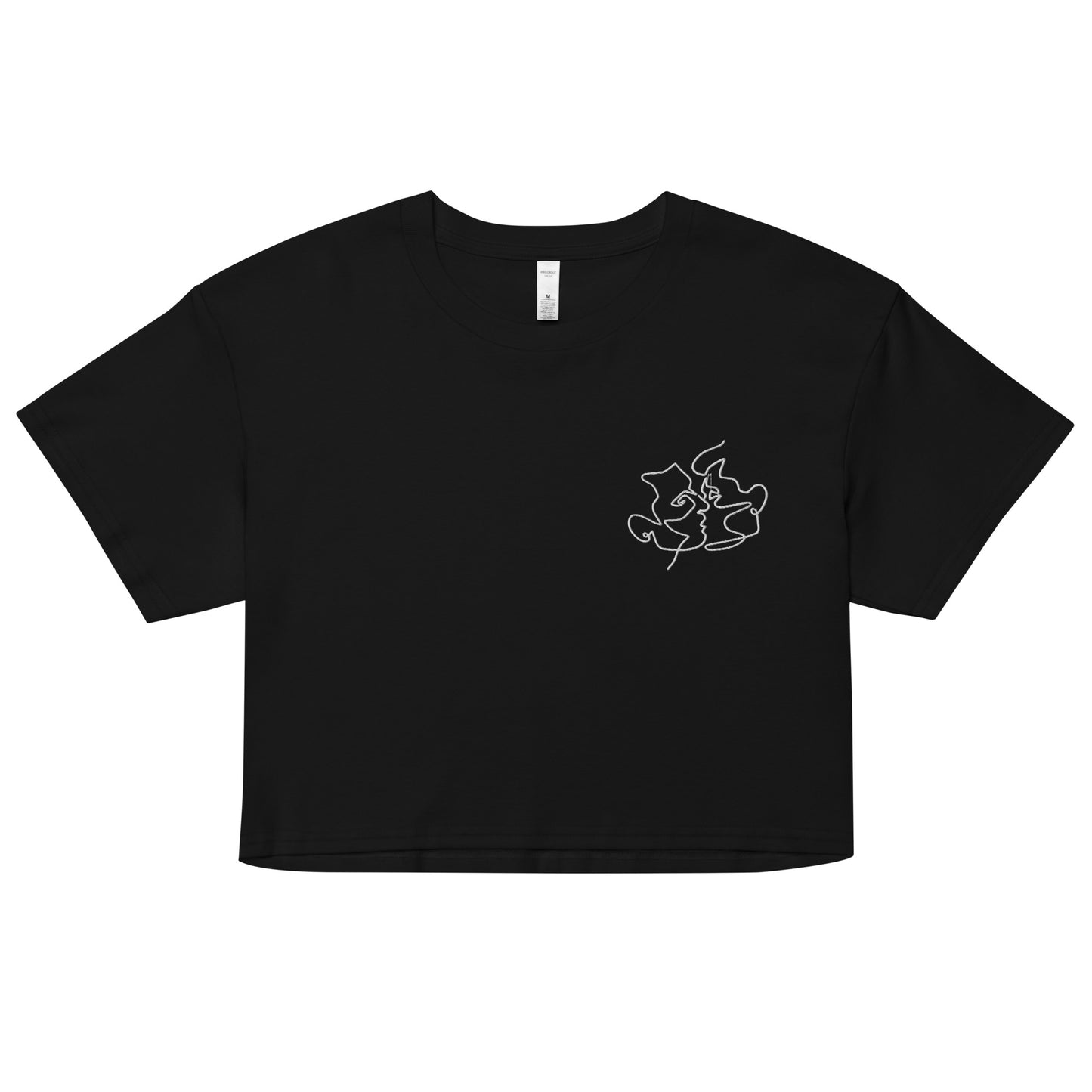 A relaxed, modest black crop top features a subtle white embroidery featuring a minimalistic line art of gay lovers kissing. Adding a touch of love is love to your look—a playful celebration of lgbtq culture! Made from 100% combed cotton. Available in Extra Small, Small, Medium, Large, Extra Large.