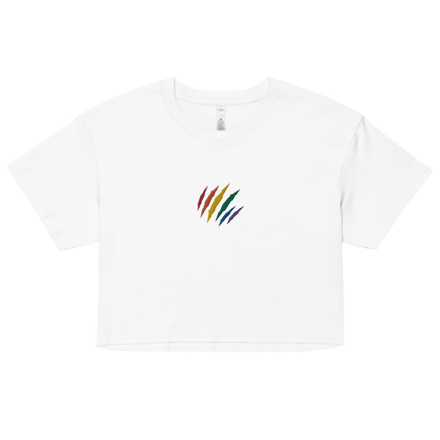 A relaxed, modest white crop top features a subtle rainbow mark embroidery. Adding a touch of rainbow to your look—a playful celebration of lgbtq culture! Made from 100% combed cotton. Available in Extra Small, Small, Medium, Large, Extra Large.
