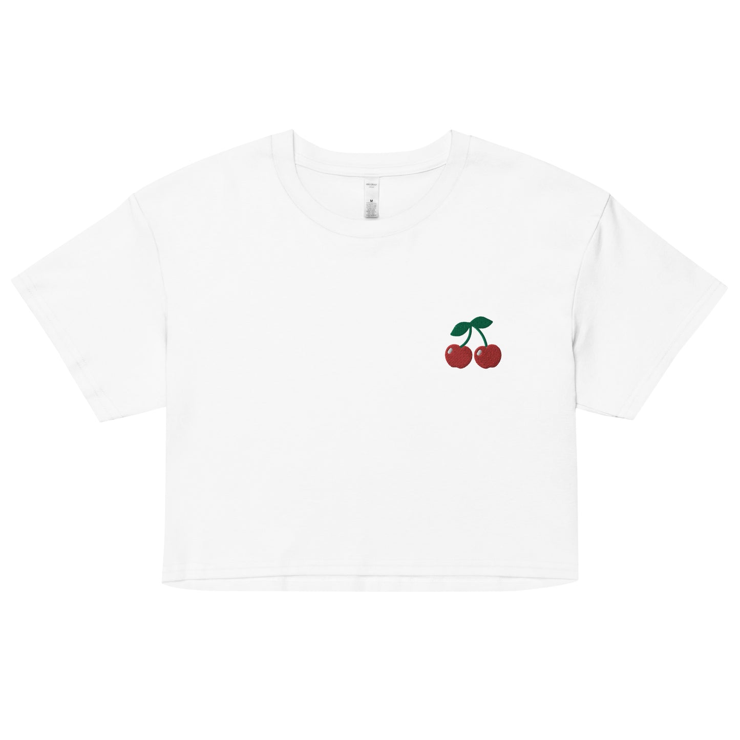 A relaxed, modest white crop top features a subtle cherry emoji embroidery. Adding a touch of fruity to your look—a playful celebration of lgbtq culture! Made from 100% combed cotton. Available in Extra Small, Small, Medium, Large, Extra Large.