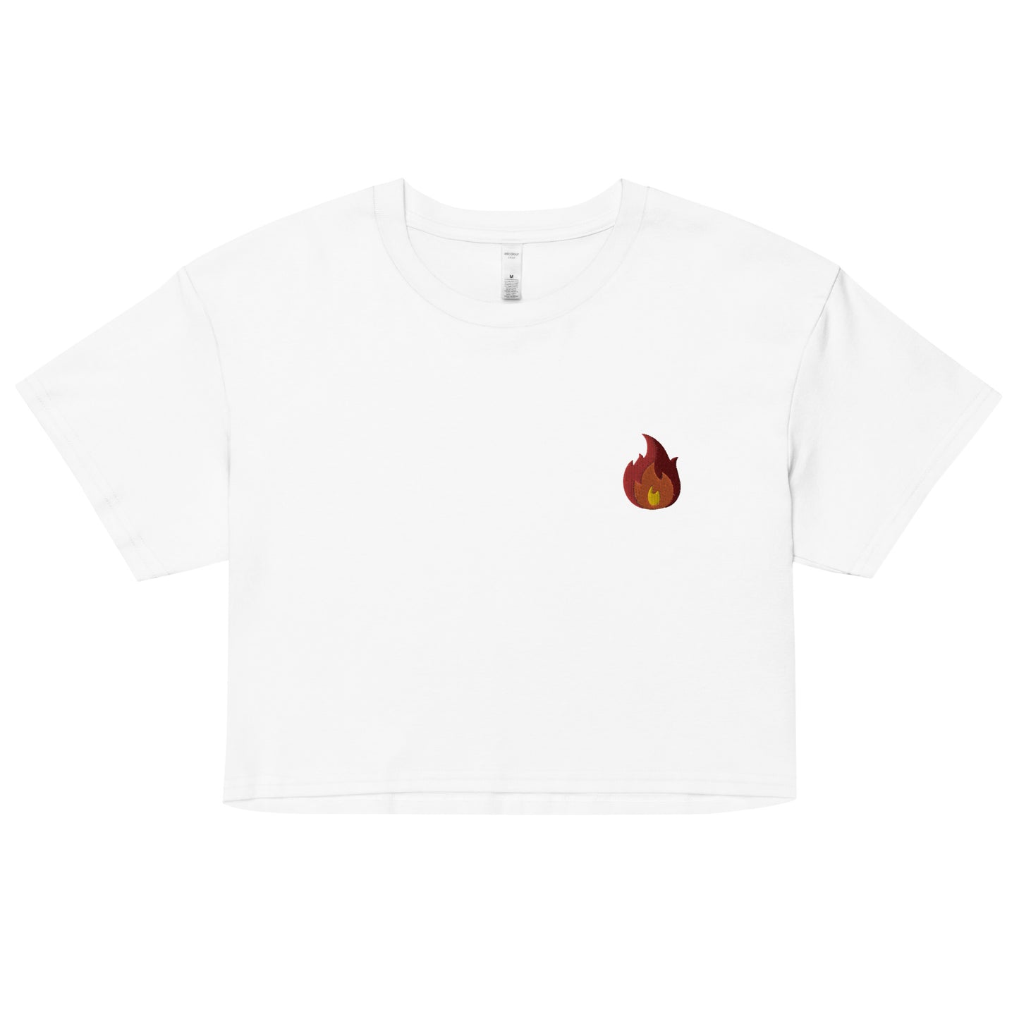 A relaxed white crop top features a modest crop and subtle fire emoji embroidered design, adding a touch of mischief to your look—a playful celebration of gay culture! Made from 100% combed cotton. Available in Extra Small, Small, Medium, Large, Extra Large.