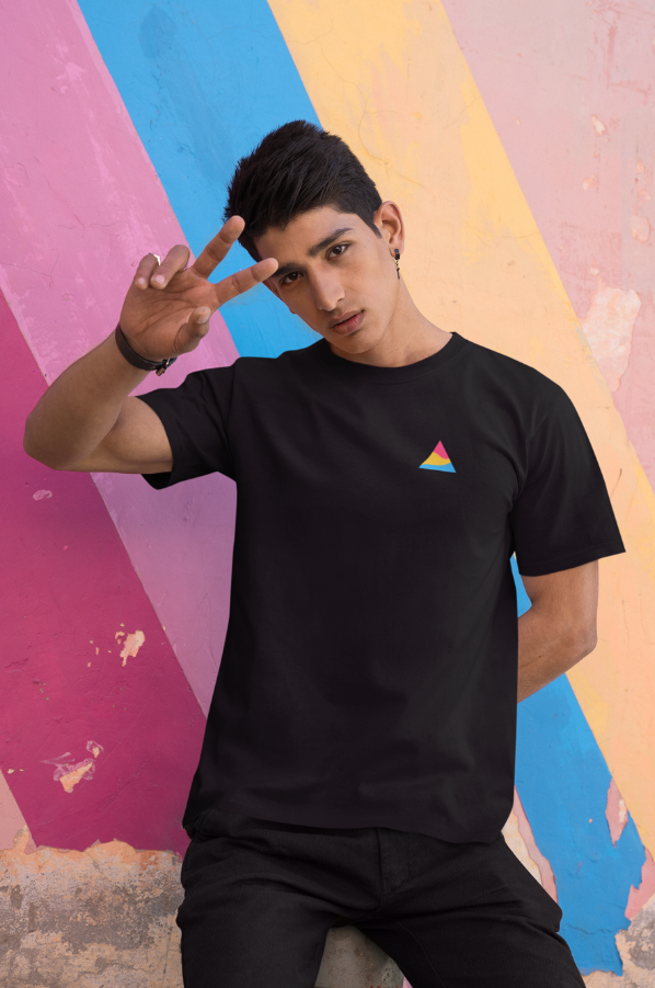 Male model wearing a fitted black organic cotton t-shirt with a small embroidered triangle in pansexual colors on the left chest. Available in sizes S to 3XL.