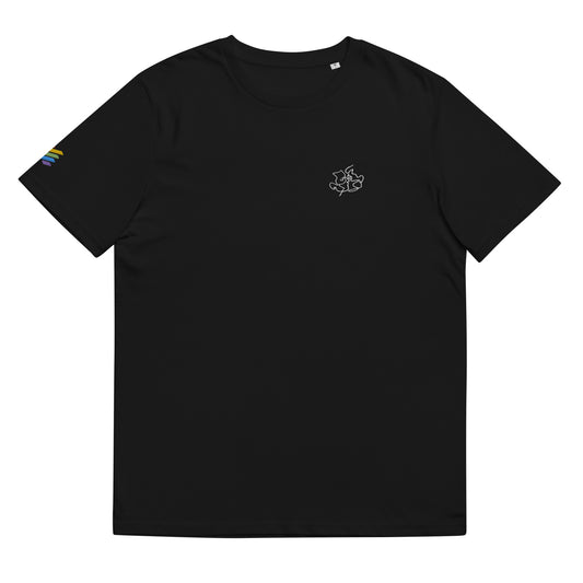 Fitted black organic cotton t-shirt with a small embroidered line art of two men kissing on the left chest, and an embroidered pride rainbow flag on the right sleeve. Available in sizes S to 3XL.