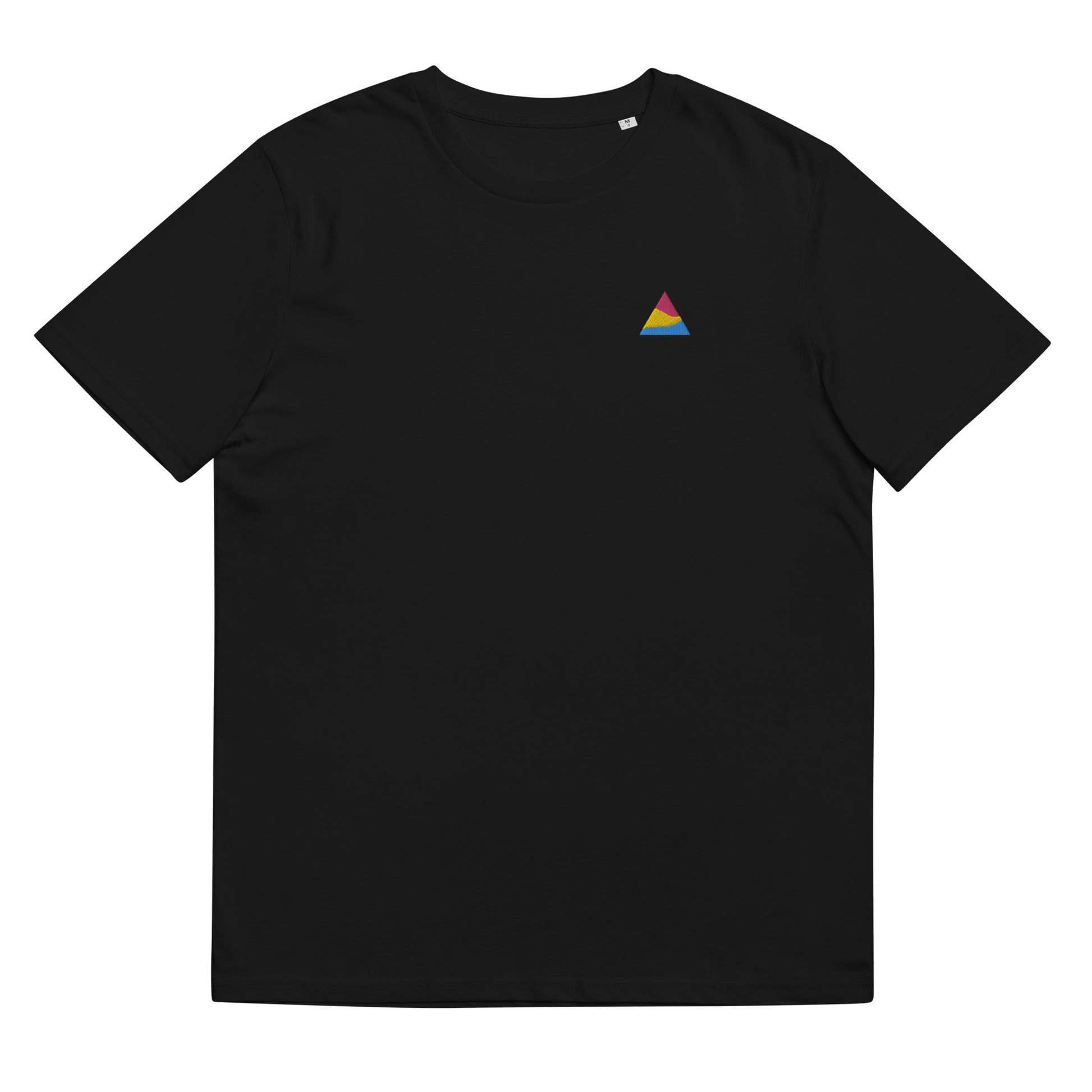 Fitted black organic cotton t-shirt with a small embroidered triangle in pansexual colors on the left chest. Available in sizes S to 3XL.