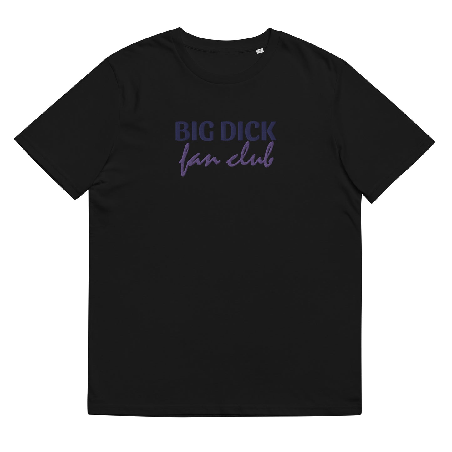 Fitted black organic cotton t-shirt with an embroidered gay joke: "big d fan club" on the center chest. Available in sizes S to 3XL.