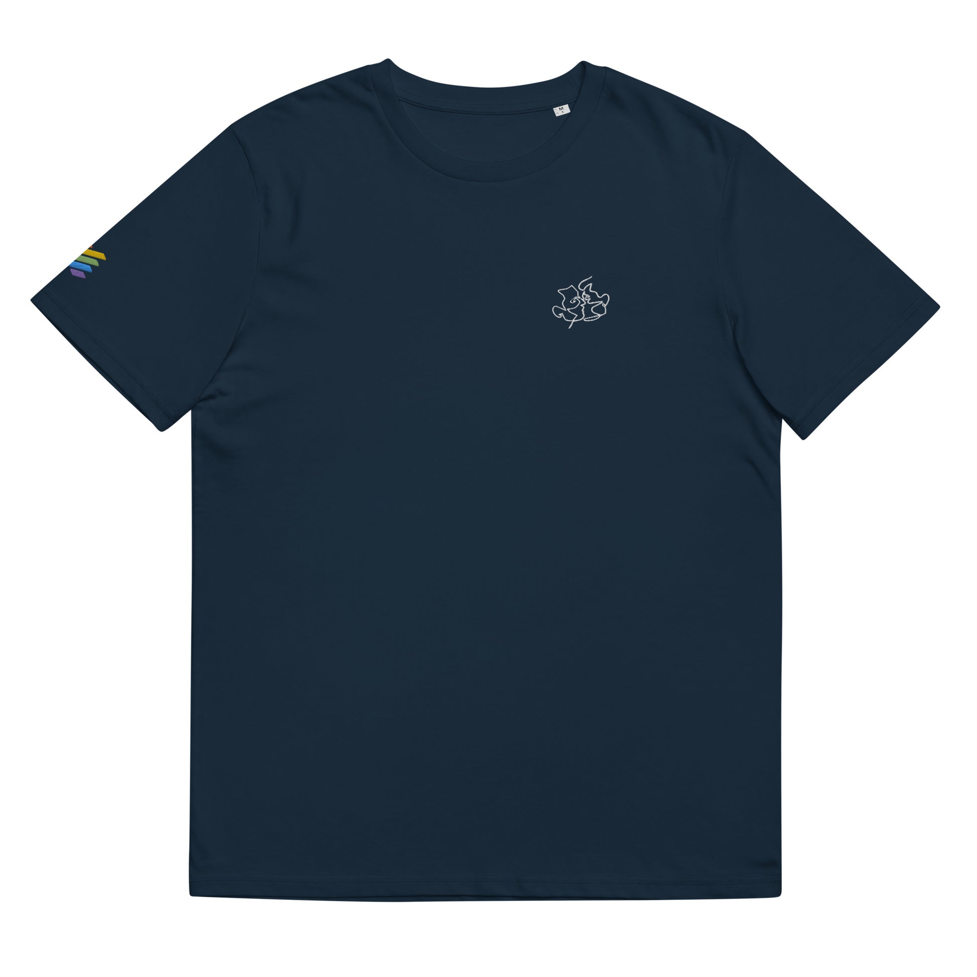 Fitted french navy blue organic cotton t-shirt with a small embroidered line art of two men kissing on the left chest, and an embroidered pride rainbow flag on the right sleeve. Available in sizes S to 3XL.