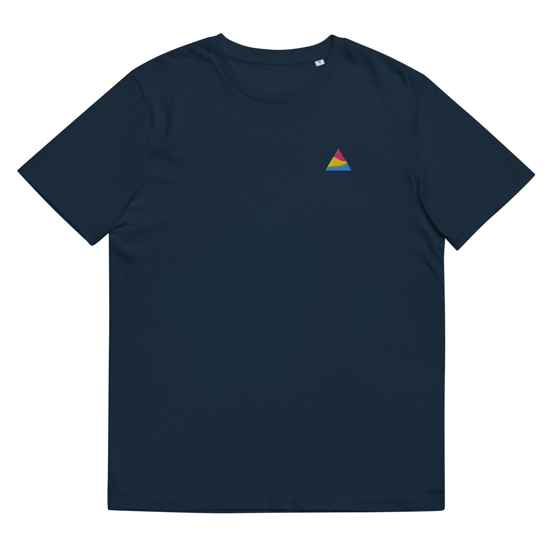 Fitted french navy blue organic cotton t-shirt with a small embroidered triangle in pansexual colors on the left chest. Available in sizes S to 3XL.