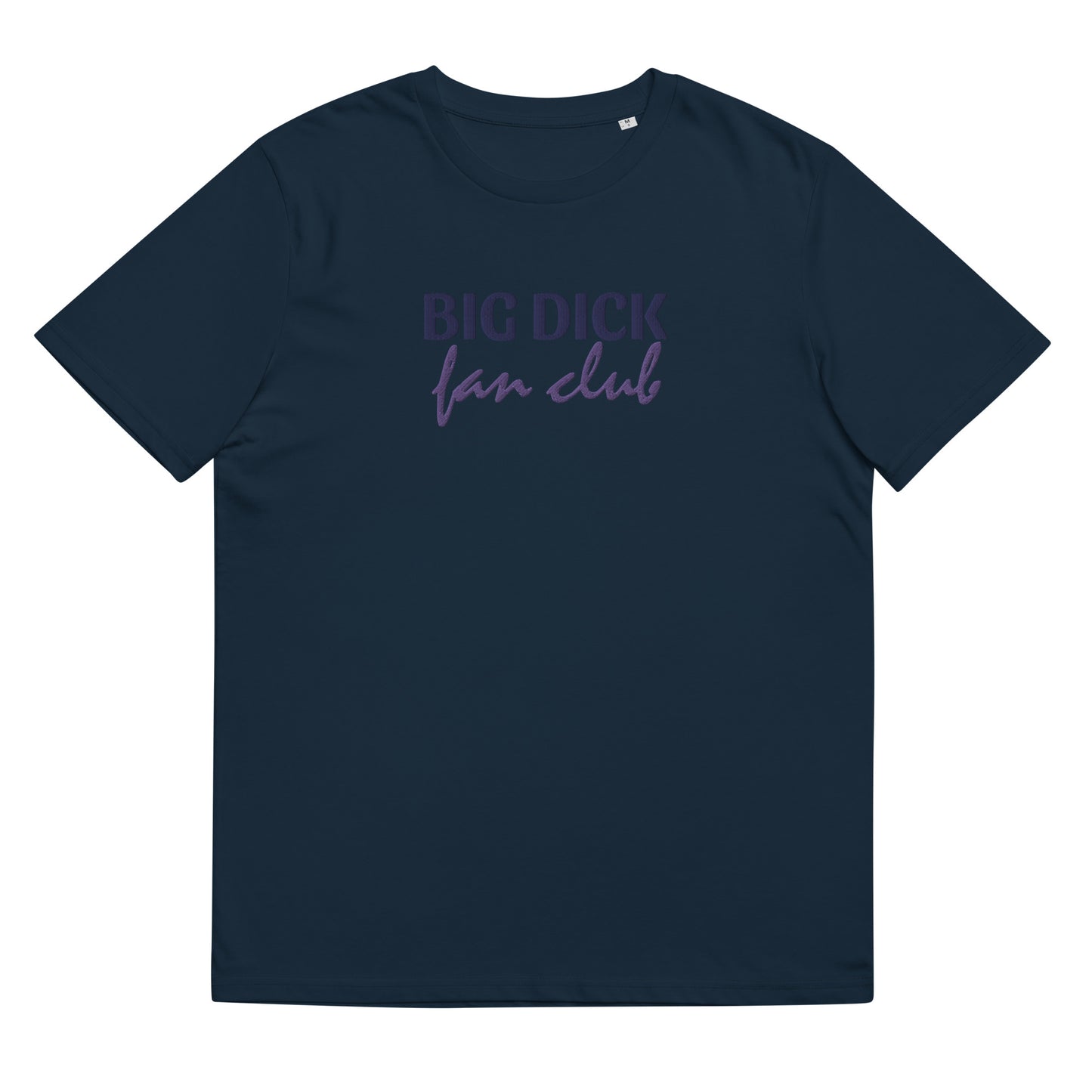 Fitted French navy blue organic cotton t-shirt with an embroidered gay joke: "big d fan club" on the center chest. Available in sizes S to 3XL.