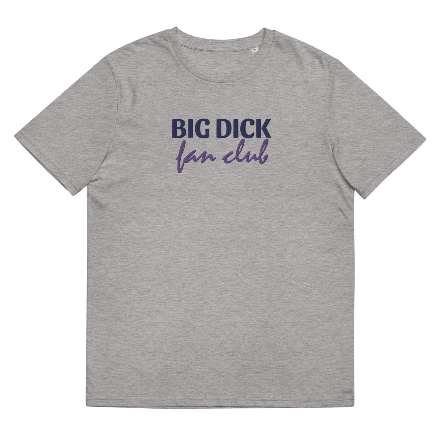 Fitted heather grey organic cotton t-shirt with an embroidered gay joke: "big d fan club" on the center chest. Available in sizes S to 3XL.