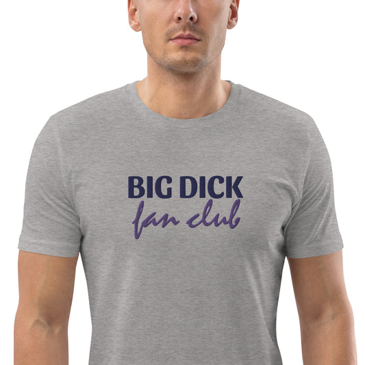 A male model wearing a fitted heather grey organic cotton t-shirt with an embroidered gay joke: "big d fan club" on the center chest. Available in sizes S to 3XL.