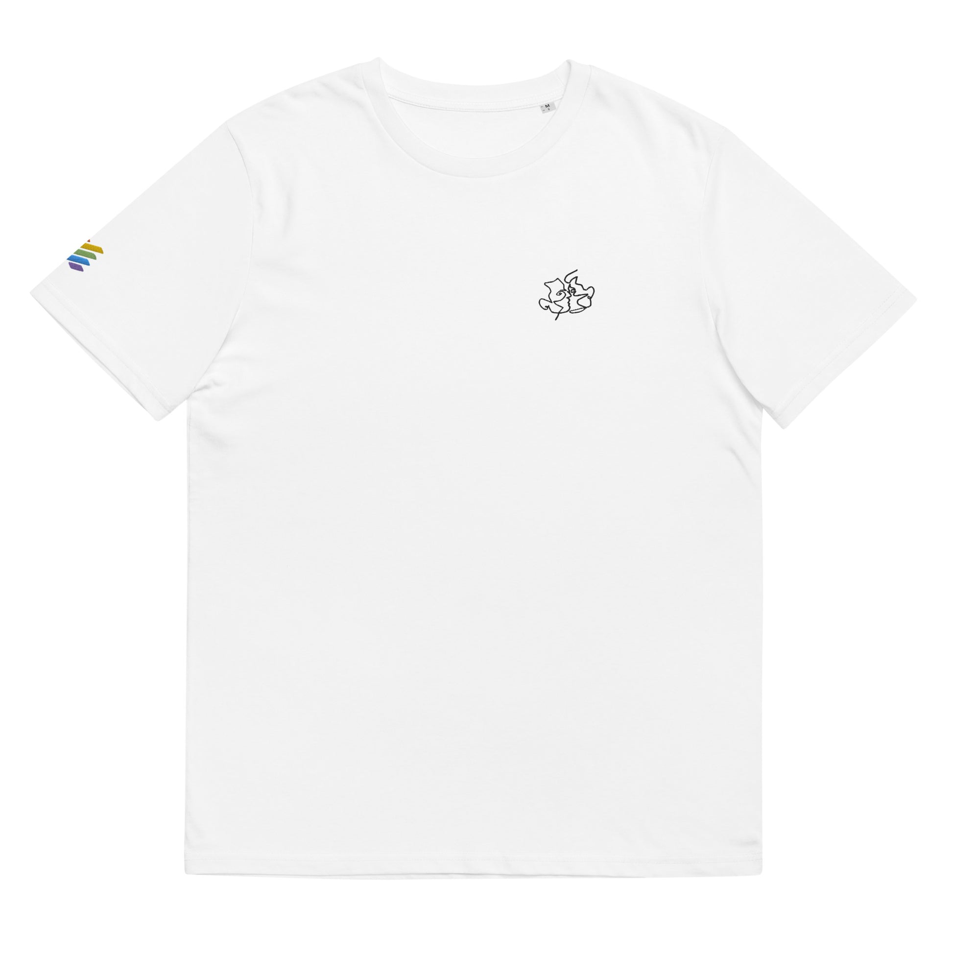 Fitted white organic cotton t-shirt with a small embroidered line art of two men kissing on the left chest, and an embroidered pride rainbow flag on the right sleeve. Available in sizes S to 3XL.