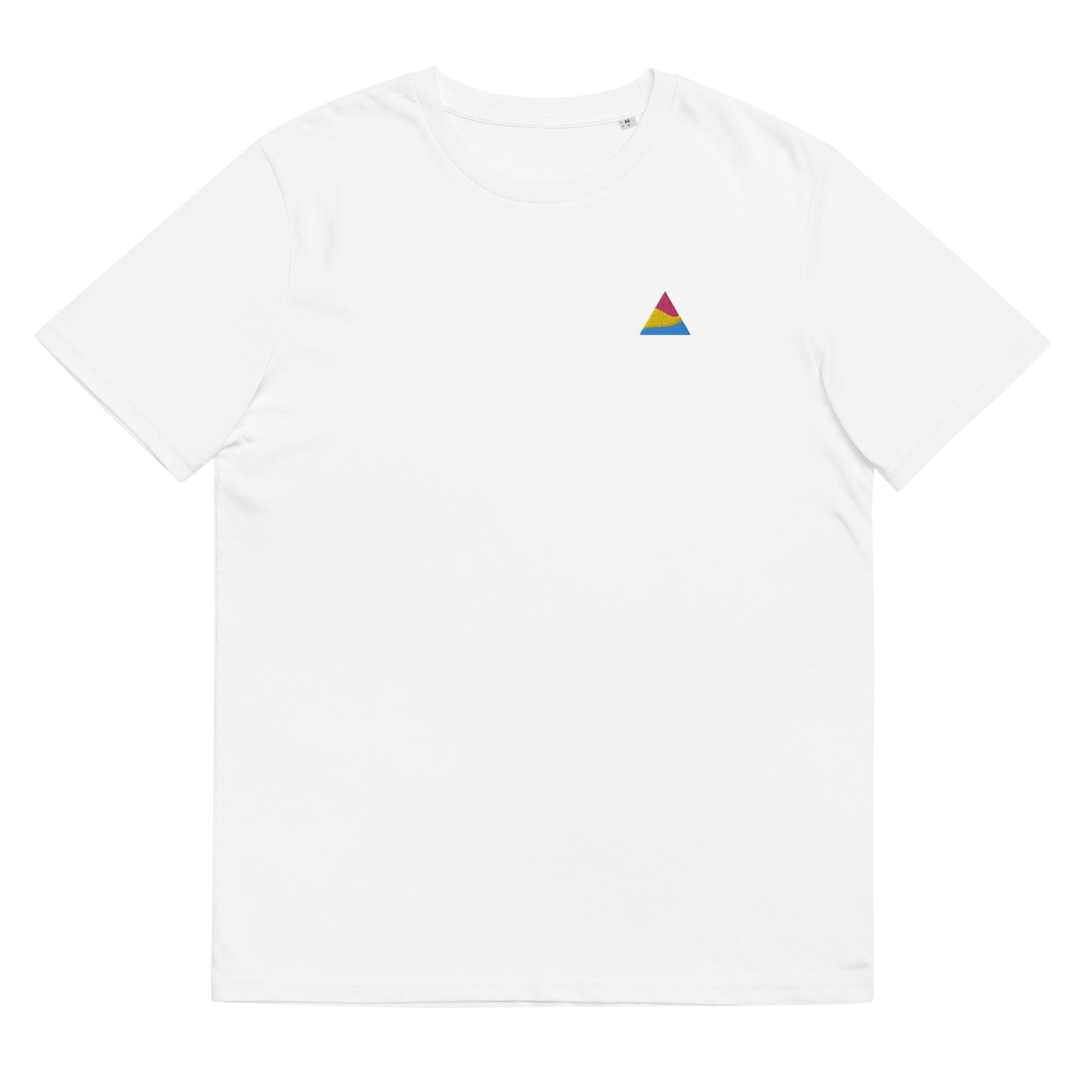 Fitted white organic cotton t-shirt with a small embroidered triangle in pansexual colors on the left chest. Available in sizes S to 3XL.